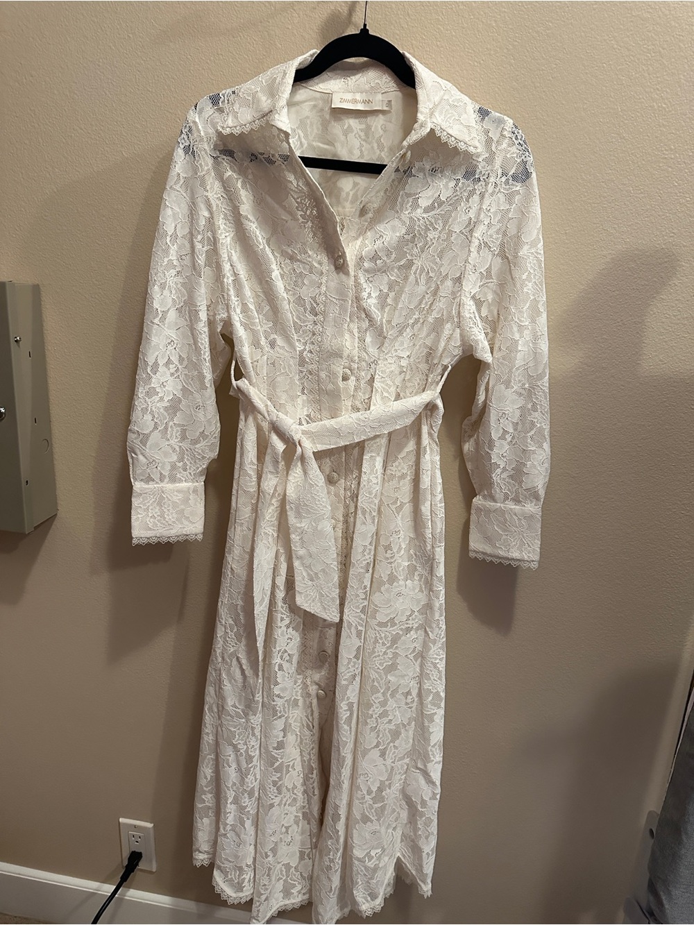 Zimmermann White Lace Midi Shirt Dress with Tie Belt